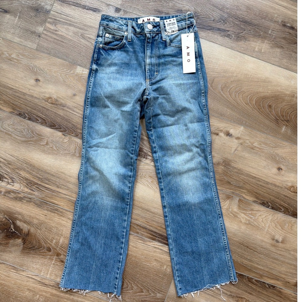 AMO High Rise Kick Crop Jeans NWT Womens 23 Topanga Blue Raw Hem Flare